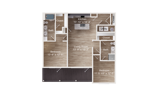 Floor plan for 2 beds, 2 baths, 1133 sqft